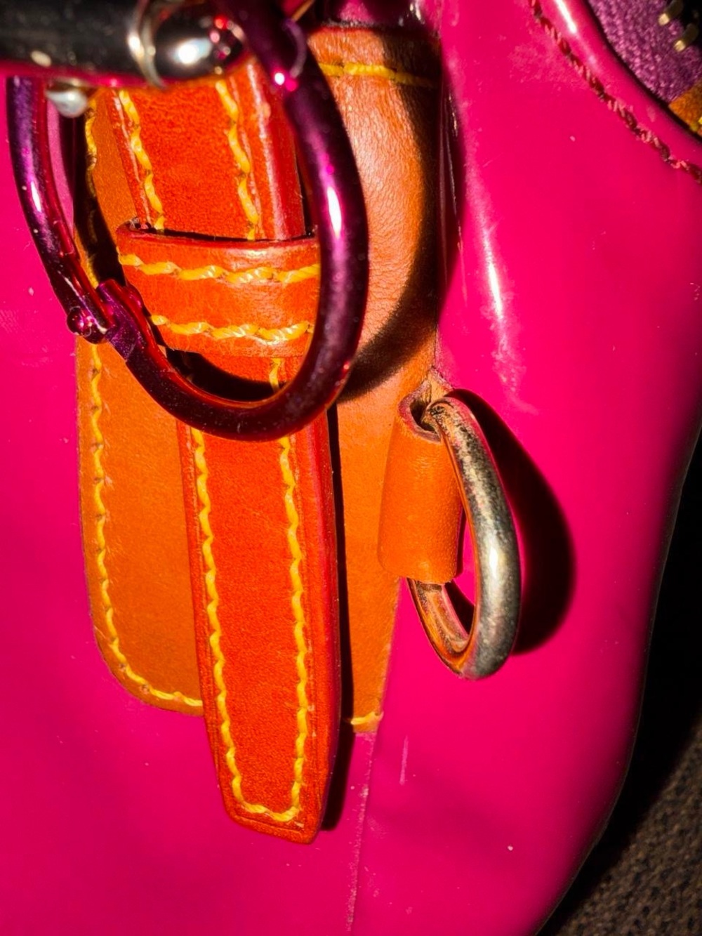Dooney & Bourke Bright Pink Patent Shoulder Bag with Tan Straps - Picture 4 of 5